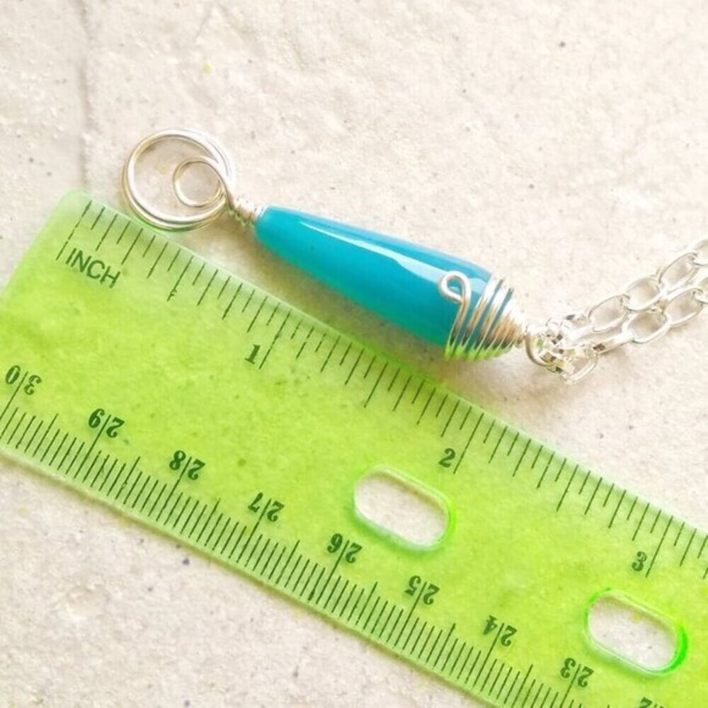 Aqua Blue! Long Agate Teardrop Gemstone Pendant + Chain! Beachy Coastal Grandma - Picture 5 of 10